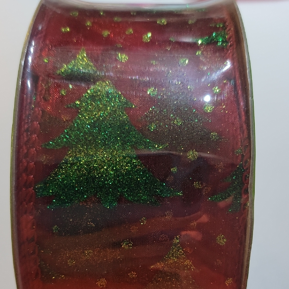 Festive Red Ribbon with Green Glitter Trees